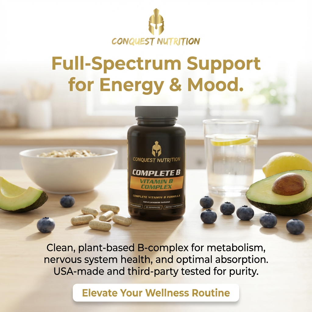Conquest Nutrition Complete B Vitamin D Complex bottle on a table with fruits and a glass of water.