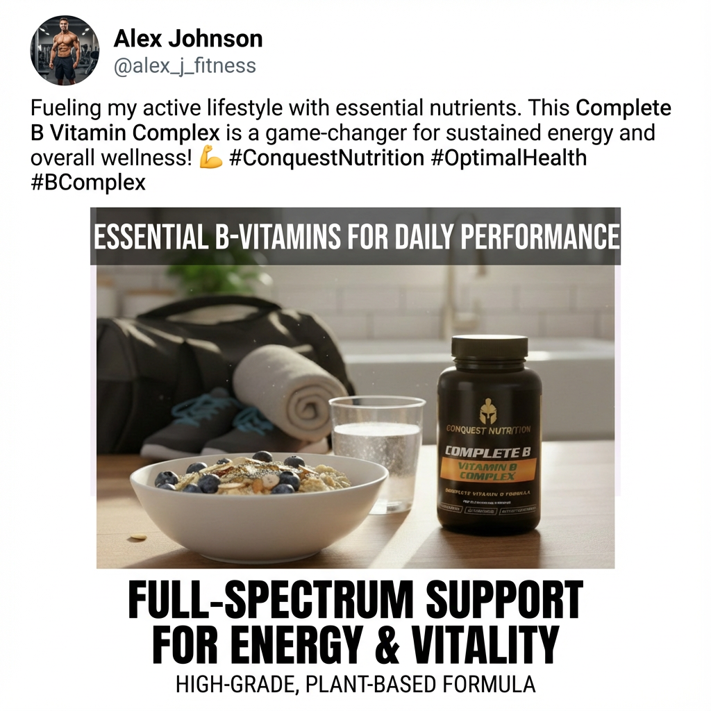 Advertisement for Conquest Nutrition Complete B Vitamin Complex with a bowl of cereal and glass of water on a table.
