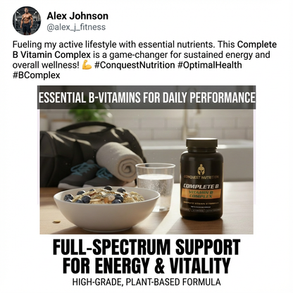Advertisement for Conquest Nutrition Complete B Vitamin Complex with a bowl of cereal and glass of water on a table.