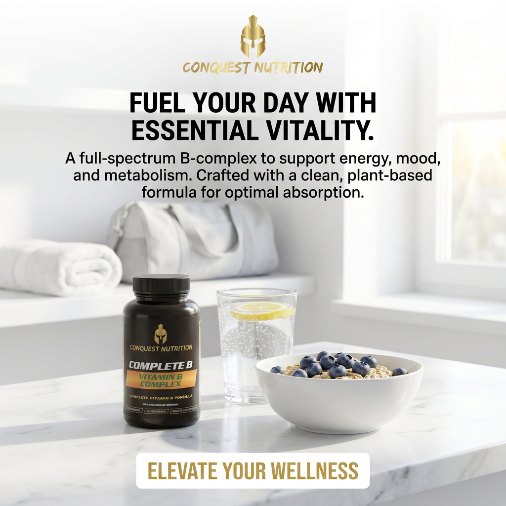 Conquest Nutrition Complete B Complex supplement bottle on a marble surface with a bowl of cereal and lemon.