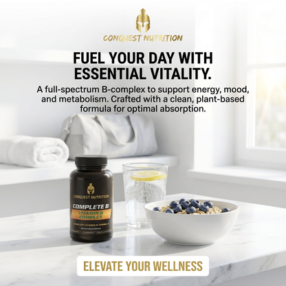 Conquest Nutrition Complete B Complex supplement bottle on a marble surface with a bowl of cereal and lemon.