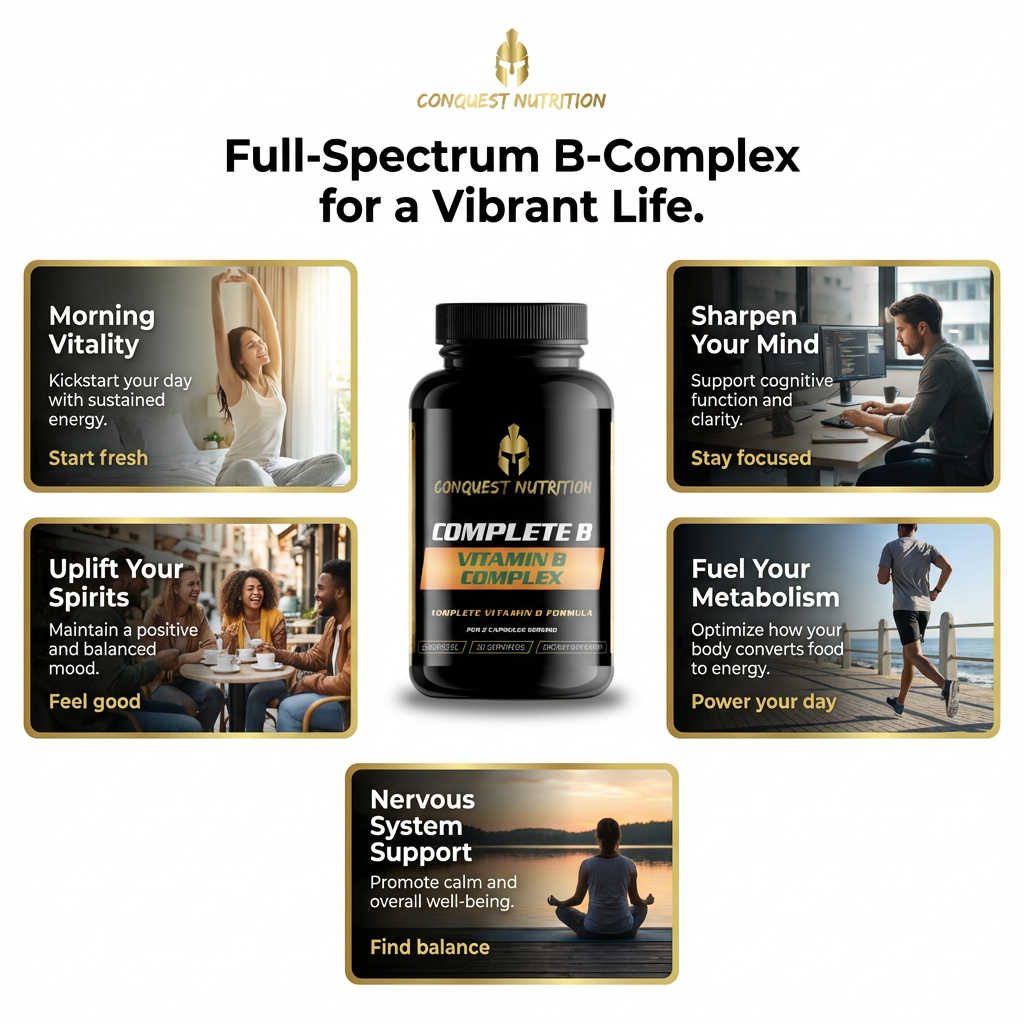Conquest Nutrition Complete B Complex supplement bottle with lifestyle images and text on a white background