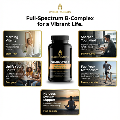 Conquest Nutrition Complete B Complex supplement bottle with lifestyle images and text on a white background