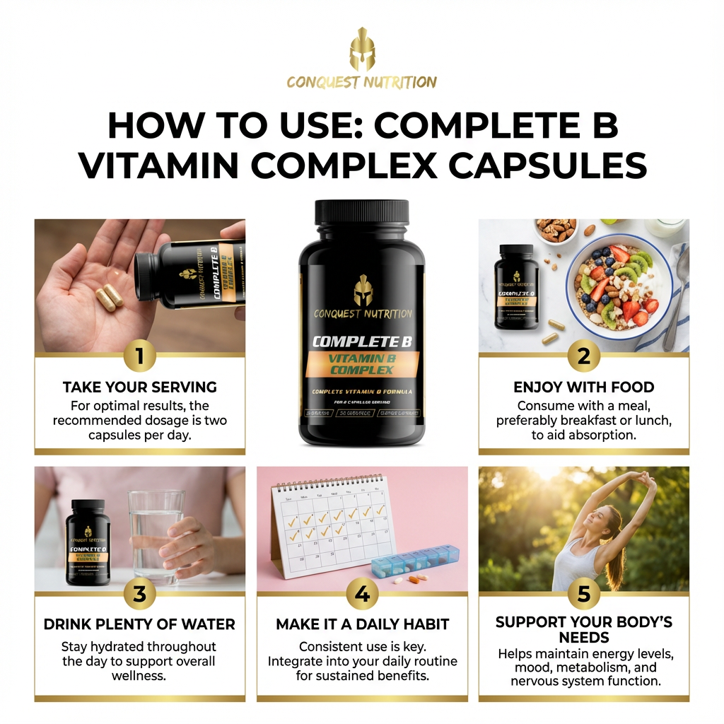 Instructional graphic on how to use Conquest Nutrition Complete B Vitamin Complex Capsules.