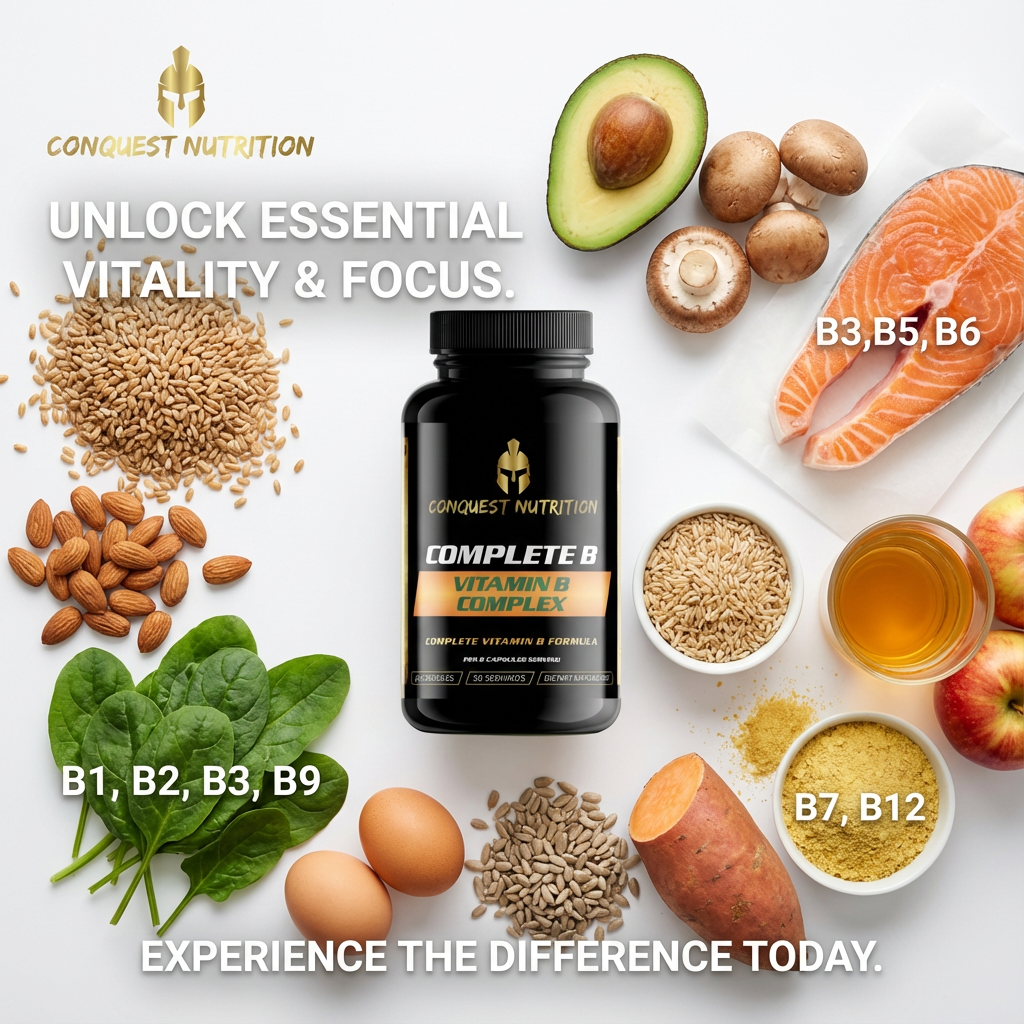 Conquest Nutrition Complete B Vitamin Complex bottle surrounded by vitamins and health foods on a white background