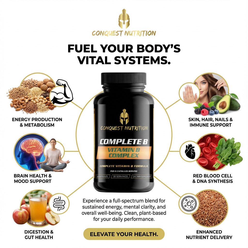 Conquest Nutrition Complete B Vitamin Complex supplement with health benefits illustrated around it.