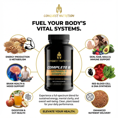 Conquest Nutrition Complete B Vitamin Complex supplement with health benefits illustrated around it.