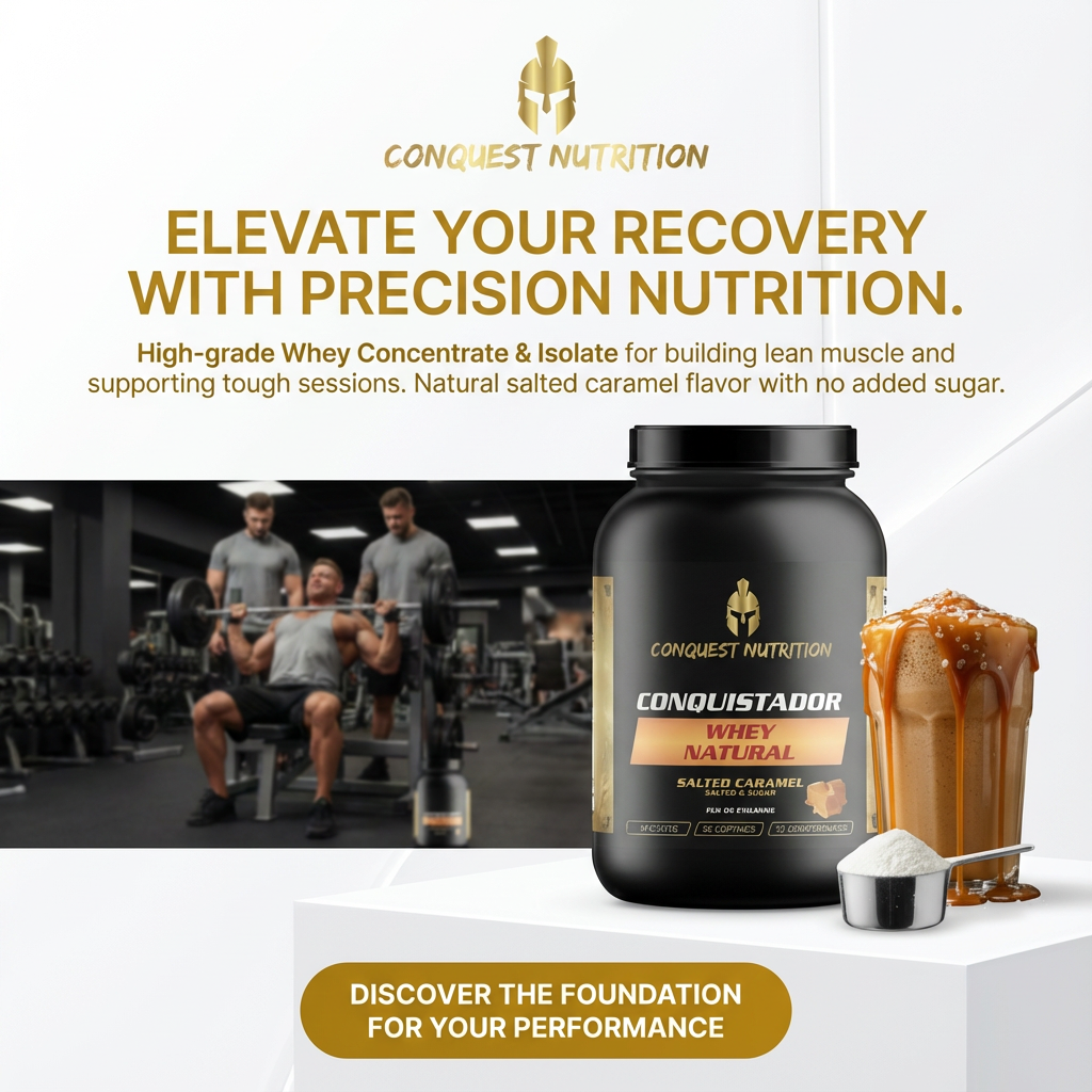 Conquest Nutrition protein supplement with gym background and promotional text.