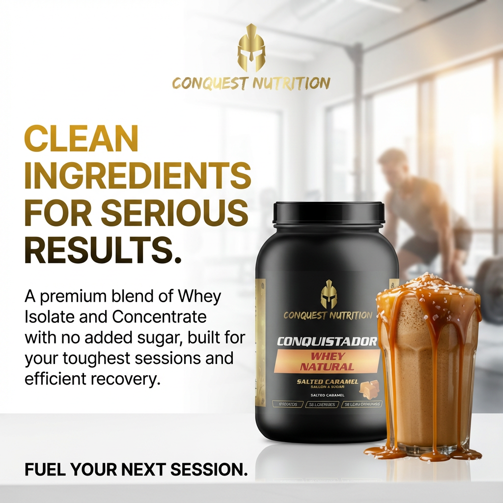 Conquest Nutrition whey protein powder with a glass of salted caramel shake in a gym setting.