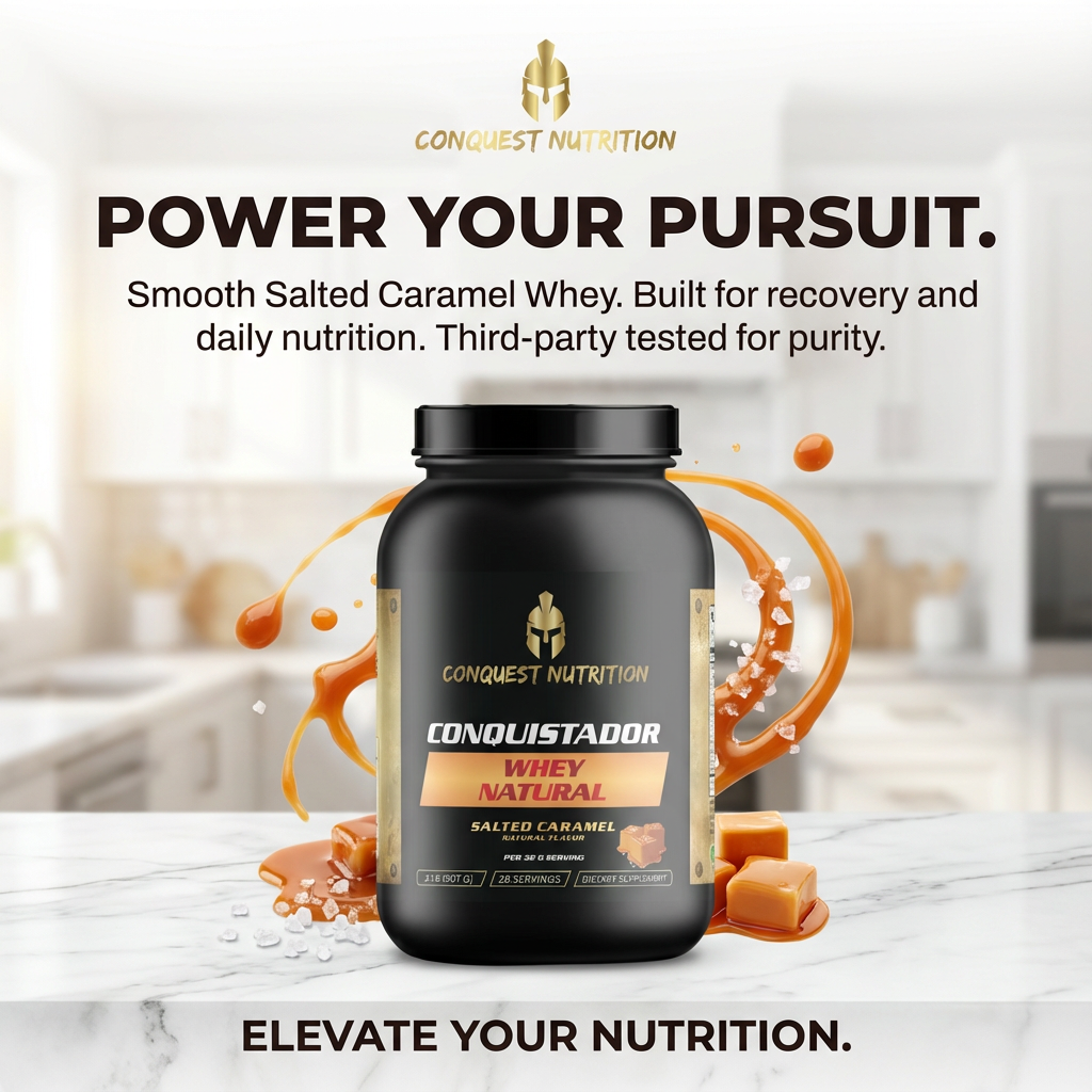 Conquest Nutrition whey protein supplement container with caramel flavor on a blurred kitchen background