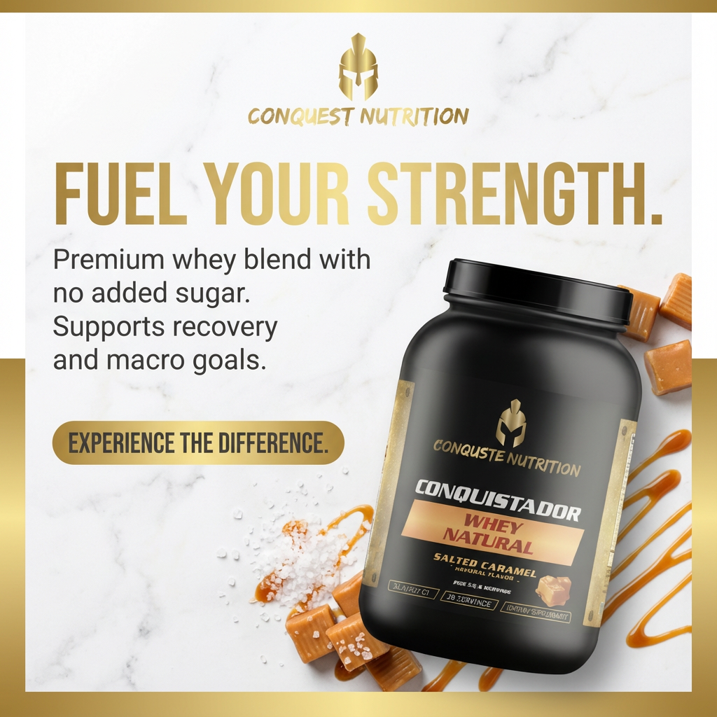 Conquest Nutrition whey protein supplement with caramel flavor on a marble background