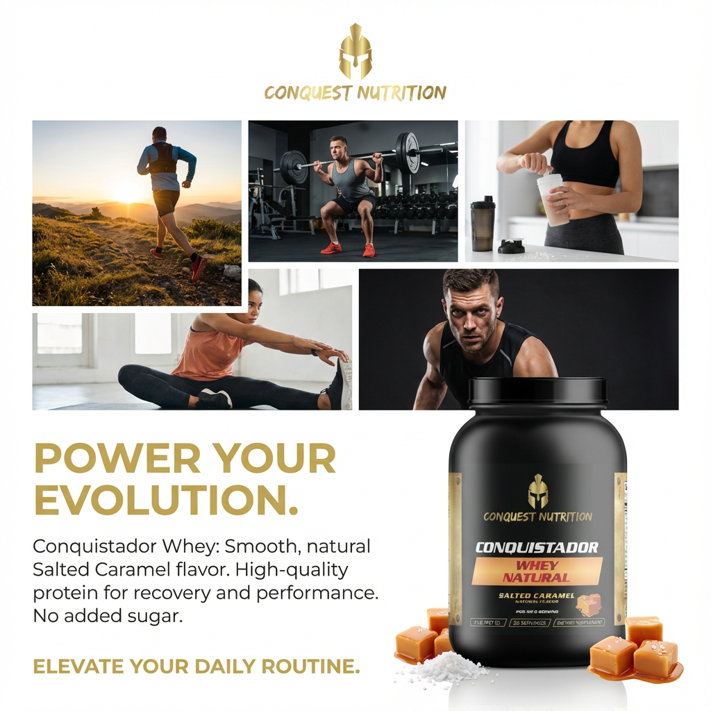 Conquest Nutrition whey protein supplement with lifestyle images of people exercising and living a healthy lifestyle.