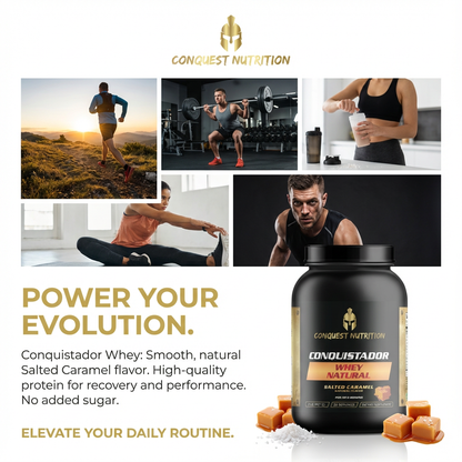 Conquest Nutrition whey protein supplement with lifestyle images of people exercising and living a healthy lifestyle.