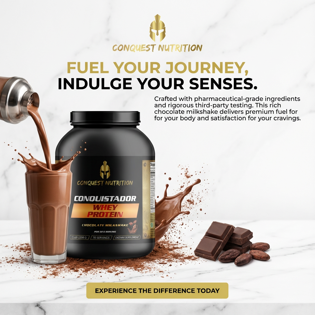 Conquest Nutrition Conquistador Whey Protein container with chocolate milkshake and chocolate pieces on a white background.
