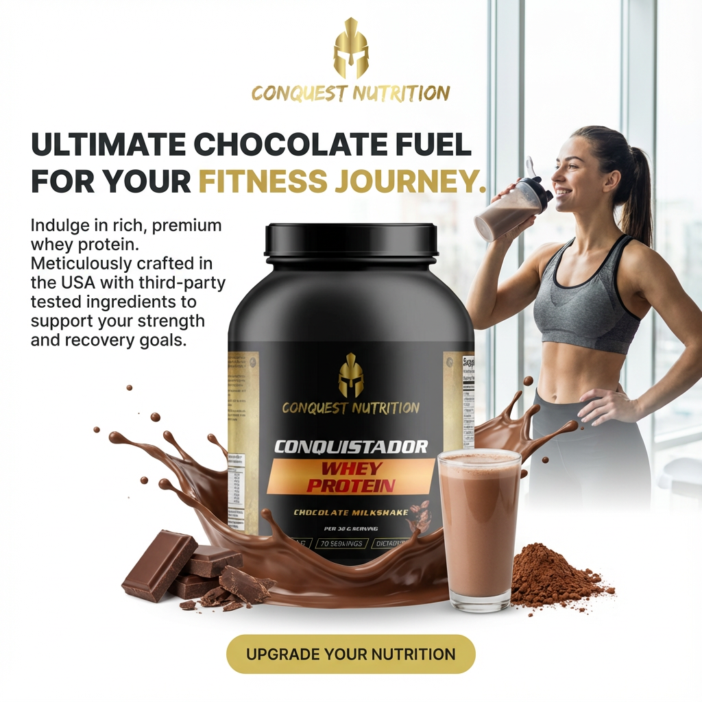 Conquest Nutrition Conquistador Whey Protein with a woman drinking chocolate protein shake.
