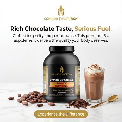 Conquest Nutrition whey protein supplement with chocolate flavor on a white background