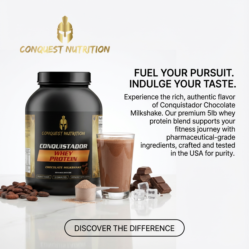 Conquest Nutrition Conquistador Whey Protein with chocolate milkshake, chocolate pieces, and ice cubes on a white background.