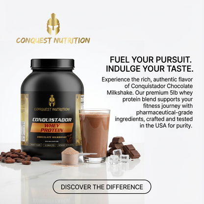 Conquest Nutrition Conquistador Whey Protein with chocolate milkshake, chocolate pieces, and ice cubes on a white background.