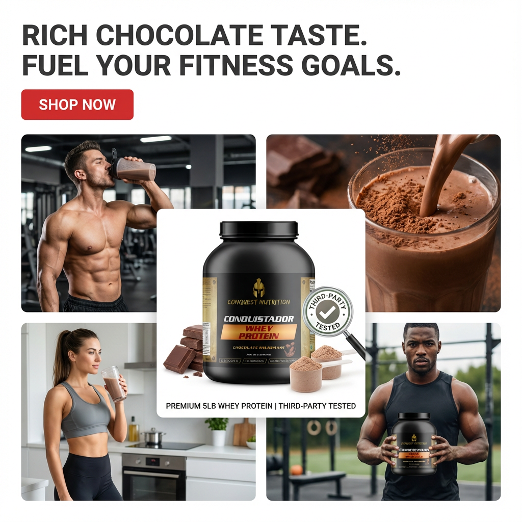 Advertisement for a whey protein product with images of people using it and text about rich chocolate taste.