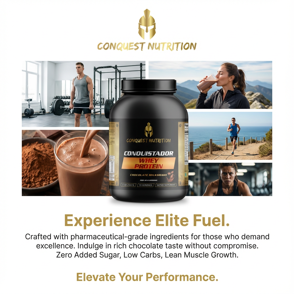 Conquest Nutrition whey protein container with lifestyle images and promotional text.