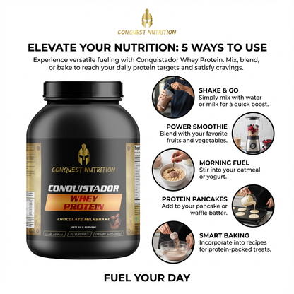 Conquistador Whey Protein container with usage instructions on a white background
