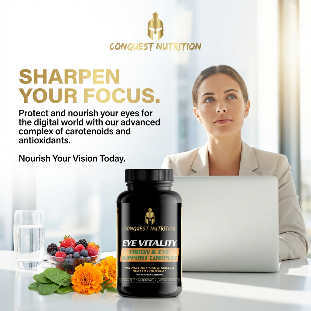 Conquest Nutrition Eye Vitality supplement with a woman using a laptop in the background