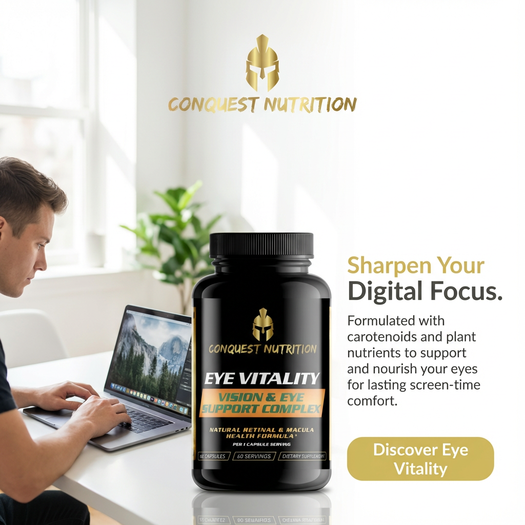 Conquest Nutrition Eye Vitality supplement bottle with a person using a laptop in the background.