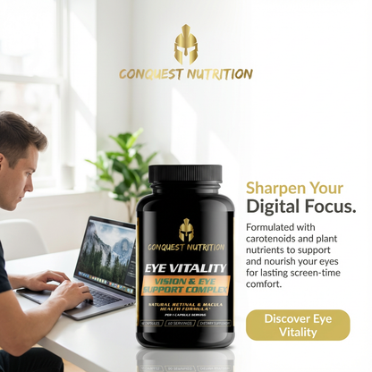 Conquest Nutrition Eye Vitality supplement bottle with a person using a laptop in the background.