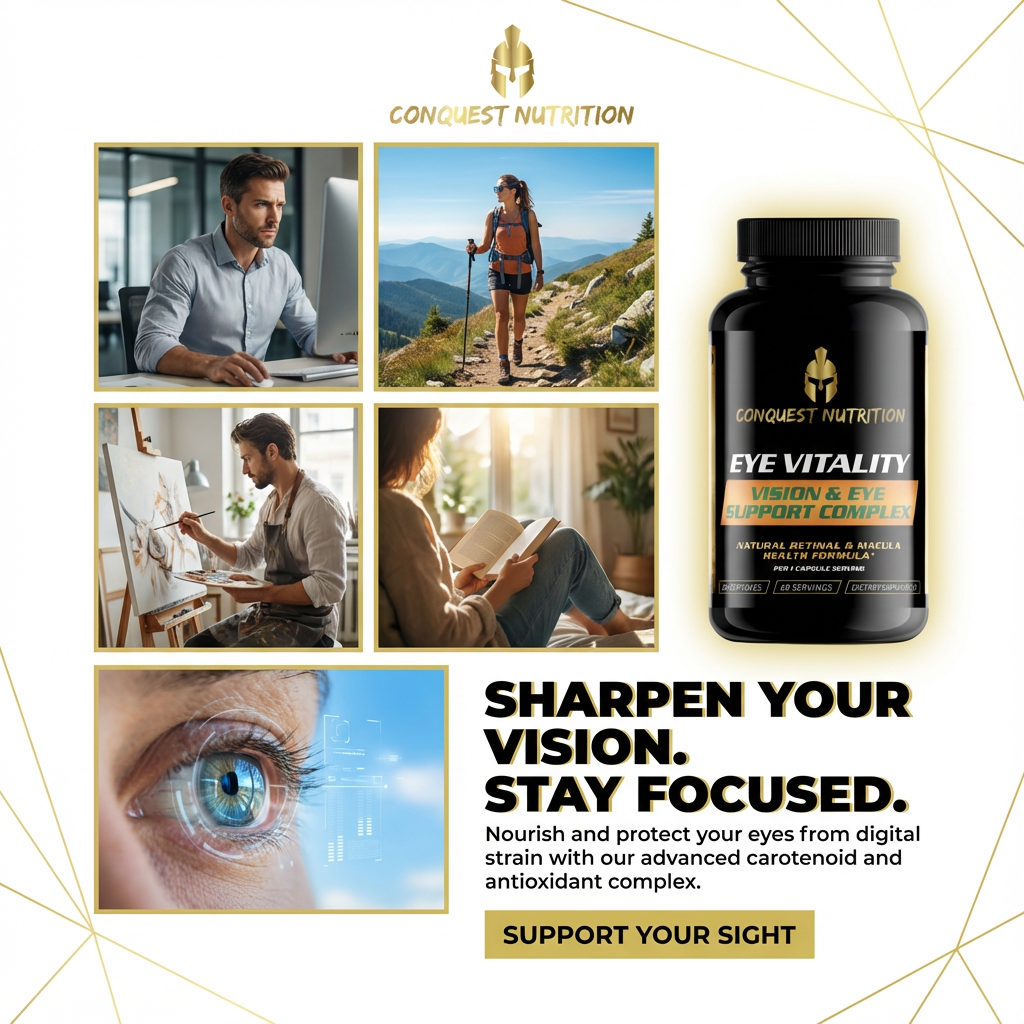 Advertisement for Conquest Nutrition Eye Vitality supplement with lifestyle images and product packaging.