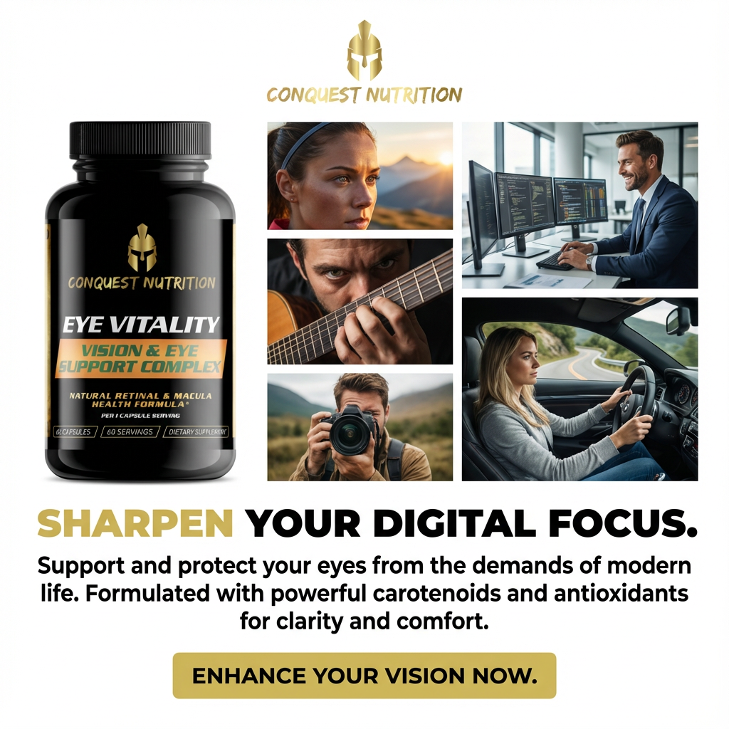 Advertisement for Conquest Nutrition Eye Vitality supplement with lifestyle images and text.