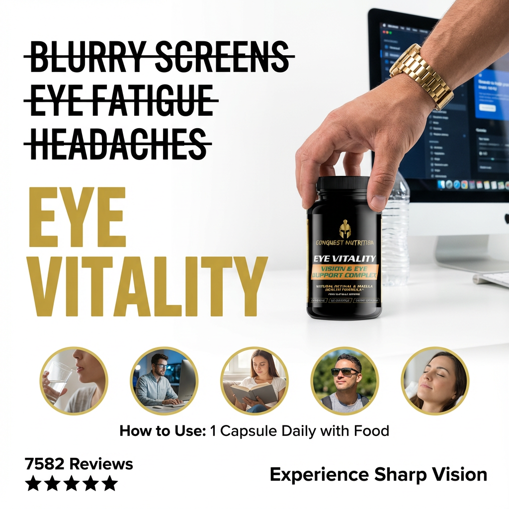 Advertisement for Eye Vitality supplement with a hand holding a bottle in front of a computer screen.
