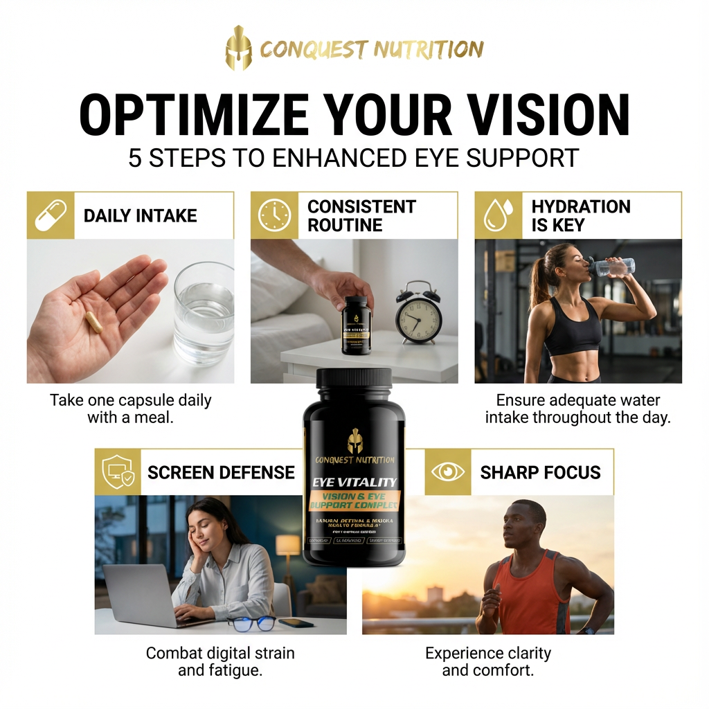 Advertisement for Conquest Nutrition eye support supplement with lifestyle images and text.
