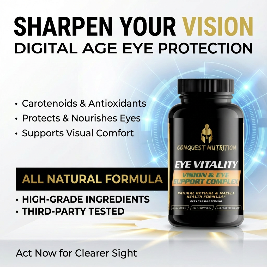Eye supplement bottle with text about digital age eye protection on a blue and white background