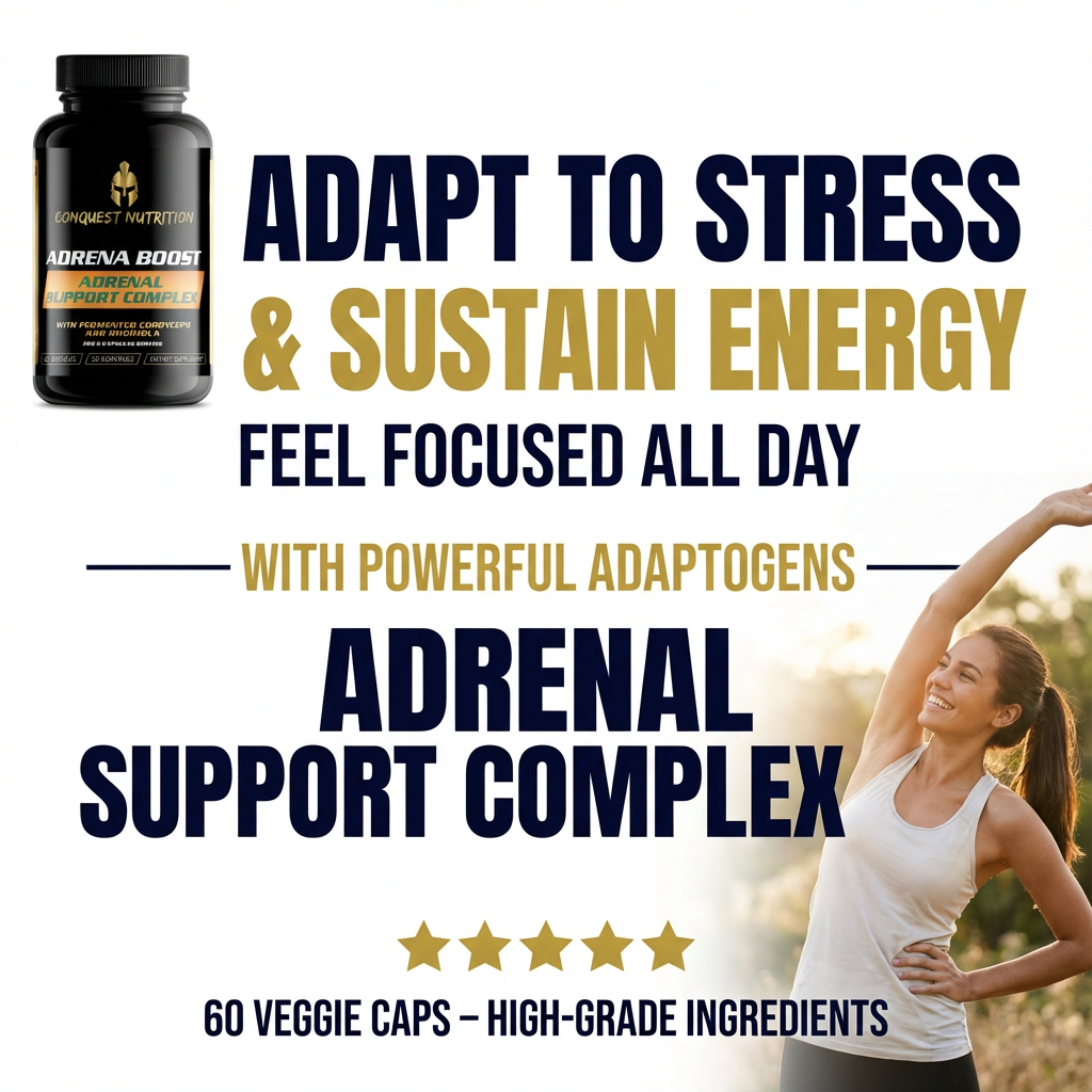 Adrenal support complex supplement bottle with promotional text and a woman exercising outdoors.