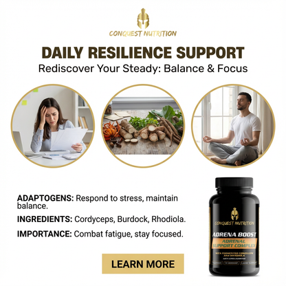 Advertisement for Conquest Nutrition Adrena Boost supplement with lifestyle images and product details.