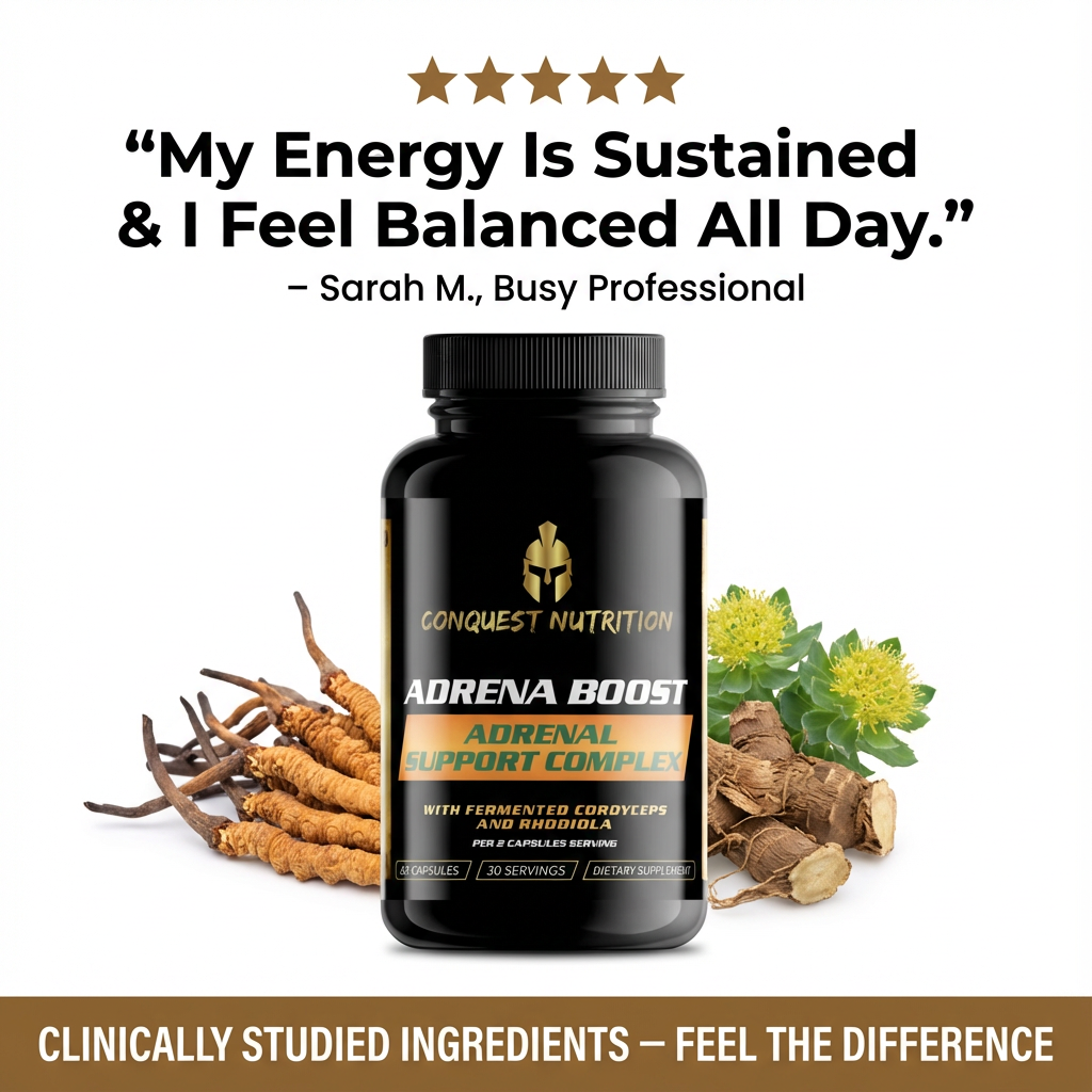 Conquest Nutrition Adrena Boost supplement bottle with roots and flowers on a white background