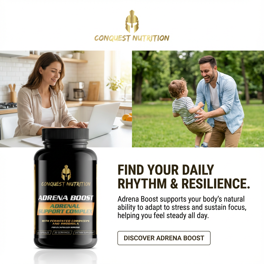 Advertisement for Conquest Nutrition Adrena Boost supplement with a woman at a laptop, a man and child playing, and the supplement bottle.