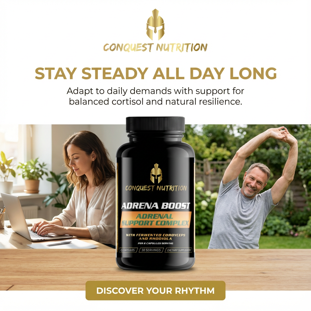 Conquest Nutrition Adrena Boost supplement bottle with people exercising and working on a laptop in the background.