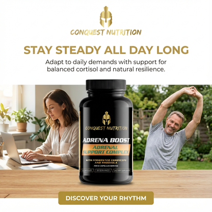 Conquest Nutrition Adrena Boost supplement bottle with people exercising and working on a laptop in the background.