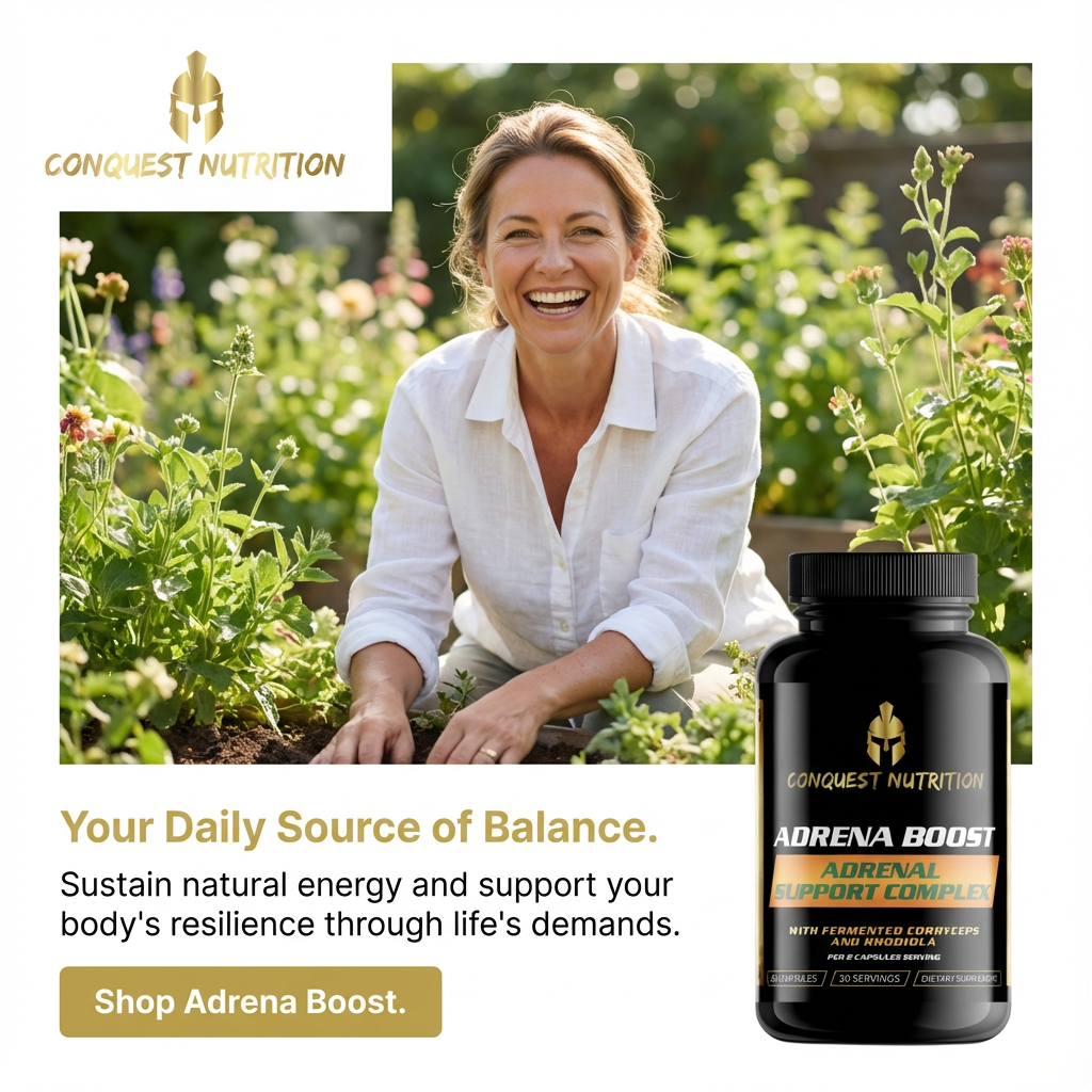 Woman in a garden with Conquest Nutrition Adrena Boost supplement bottle.