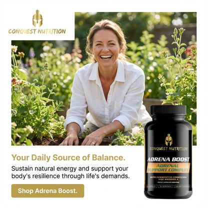 Woman in a garden with Conquest Nutrition Adrena Boost supplement bottle.