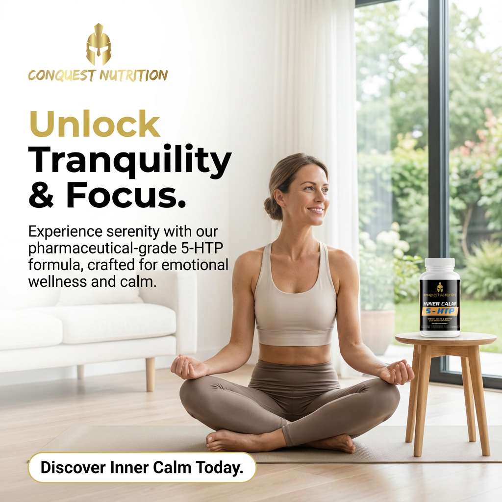 Woman meditating in a modern living room with Conquest Nutrition 5-HTP supplement.