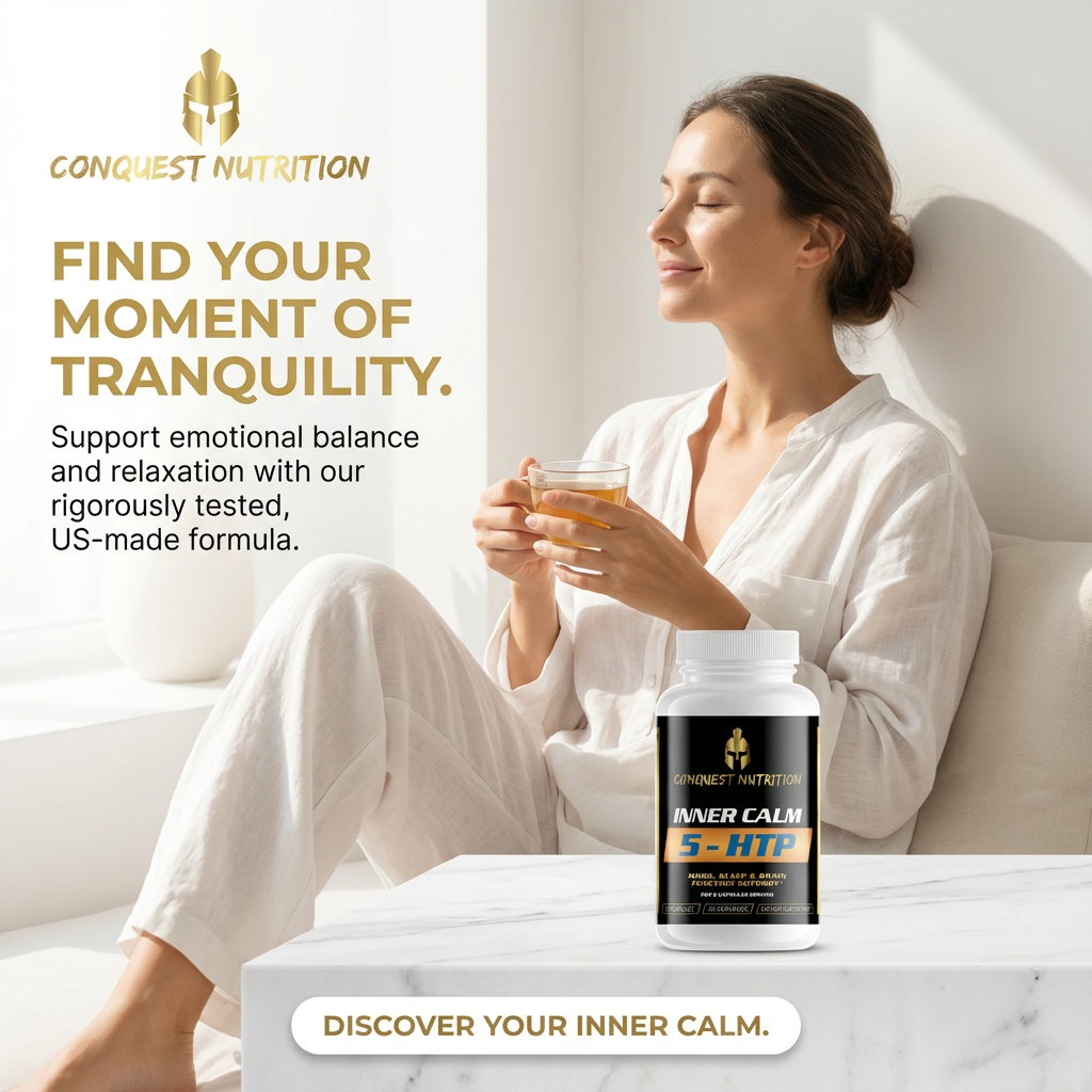 Woman holding a cup with Conquest Nutrition Inner Calm 5-HTP supplement on a white couch.
