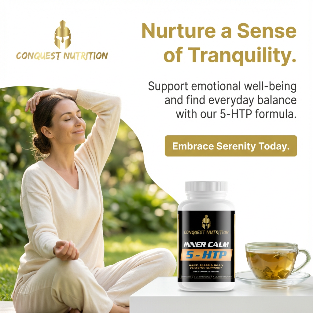 Advertisement for Conquest Nutrition's 5-HTP supplement with a woman in a garden and a cup of tea.