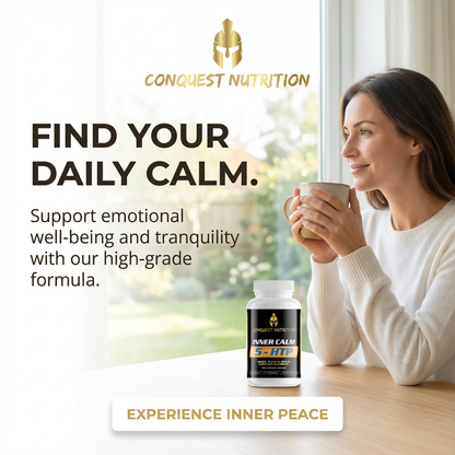 Woman holding a mug with 'Conquest Nutrition' product and text about emotional well-being.