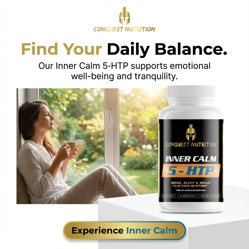 Advertisement for Conquest Nutrition Inner Calm 5-HTP supplement with a woman sitting by a window holding a cup.