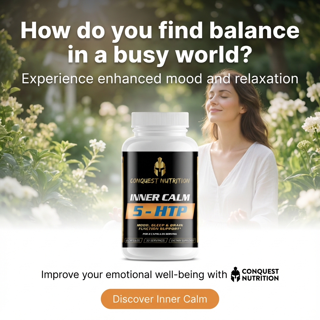 Bottle of Conquest Nutrition Inner Calm 5-HTP supplement with a woman in a garden and text about balance and mood enhancement.