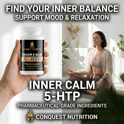 Bottle of Conquest Nutrition Inner Calm 5-HTP supplement held by a hand, with a woman meditating in the background.