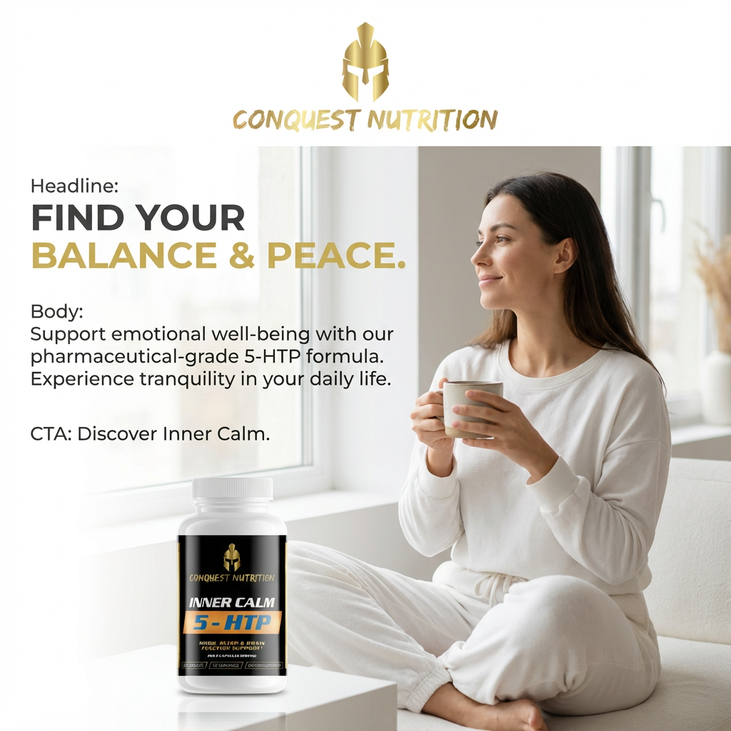 Woman holding a cup with Conquest Nutrition Inner Calm 5-HTP supplement in a promotional advertisement.