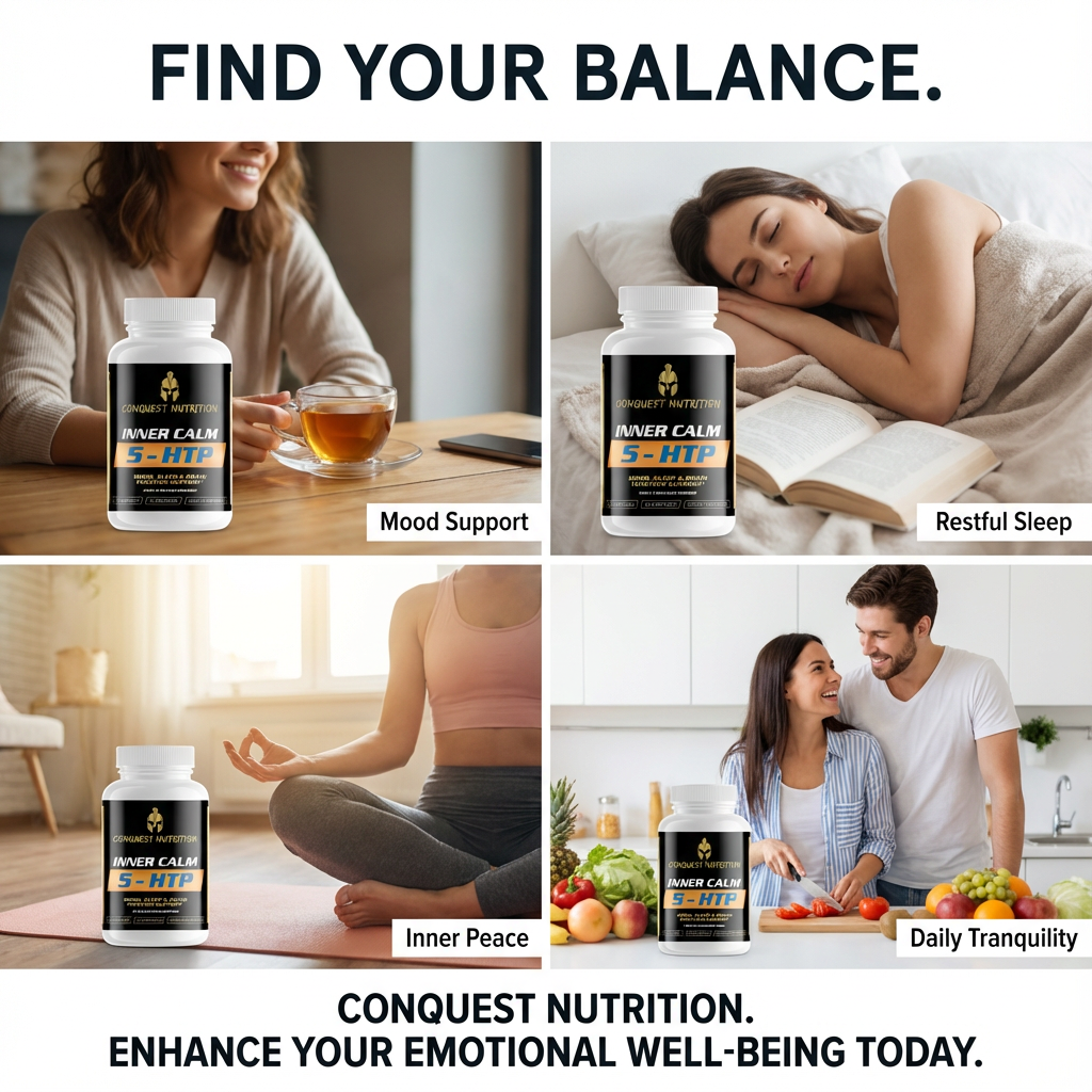Collage of people in various activities with bottles of Inner Calm 5-HTP supplement, promoting emotional well-being.